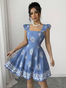 Elenzga 女士印花腰部设计露背系带休闲度假通勤迷你连衣裙，喇叭袖 - 中等水洗藍 - 查看 6