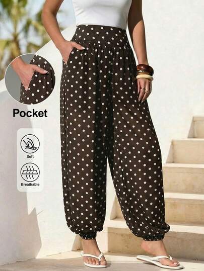 Editum Women's New Elegant Polka Dot Lantern Pants, Versatile For Commuting And Work Women's Casual Balloon Pants, Comfortable & Versatile Coffee Color Long Pants, Spring/Summer Brown Pants Loose Pants Baggy Pants Oversized Pants
