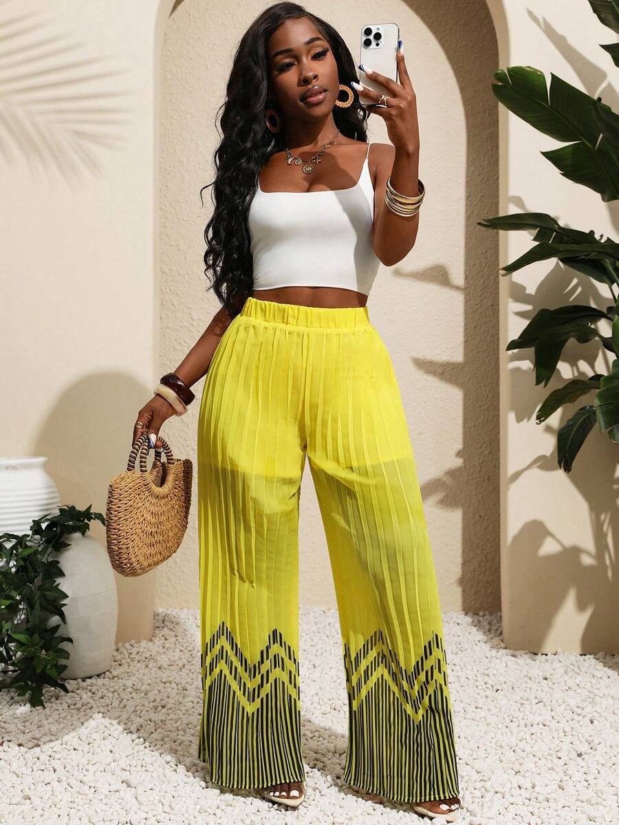 Xyvia 女士优雅褶皱弹力腰阔腿裤，时尚百搭，适合夏季/海滩穿着 - 彩色 - 查看 1