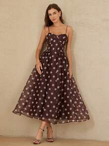 Aveloria Rosie Elegant French Retro Lady Luxury Organza Contrast Polka Dot Bustier Design Cinched Waist Flared Dress For Women - Multicolor - View 1