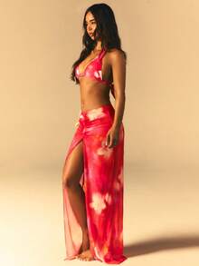 Athîral 女士度假沙滩扎染印花抽绳高开衩罩衫及半身裙套装 - 紅色 - 查看 3