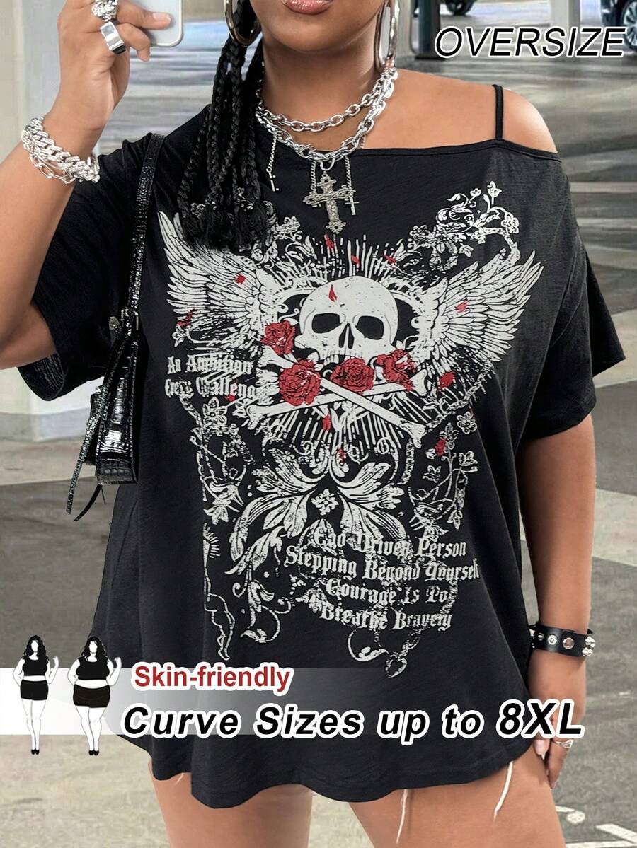 SHEIN CURVE+ Áo thun đen dáng rộng họa tiết đầu lâu Y2K dành cho nữ, thích hợp mặc ngoài trời, phong cách đường phố mùa xuân và hè.
