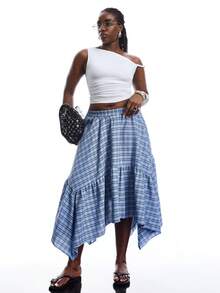 SHEIN EZwear Chân váy kẻ caro dáng lệch vạt dành cho nữ cỡ lớn, thích hợp cho đầu thu. - Nhiều màu - Xem 5