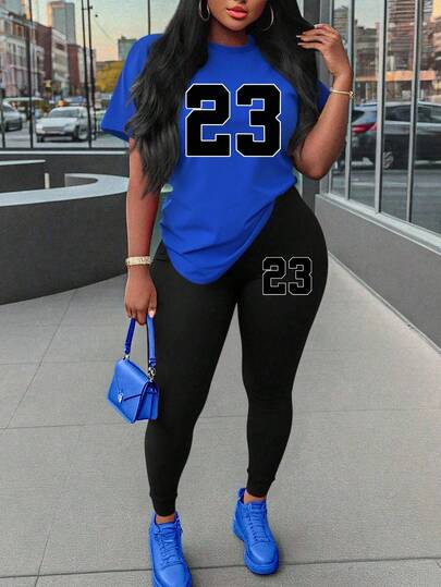 EMERY ROSE 2pcs Women Number Print T-Shirt And Leggings Set