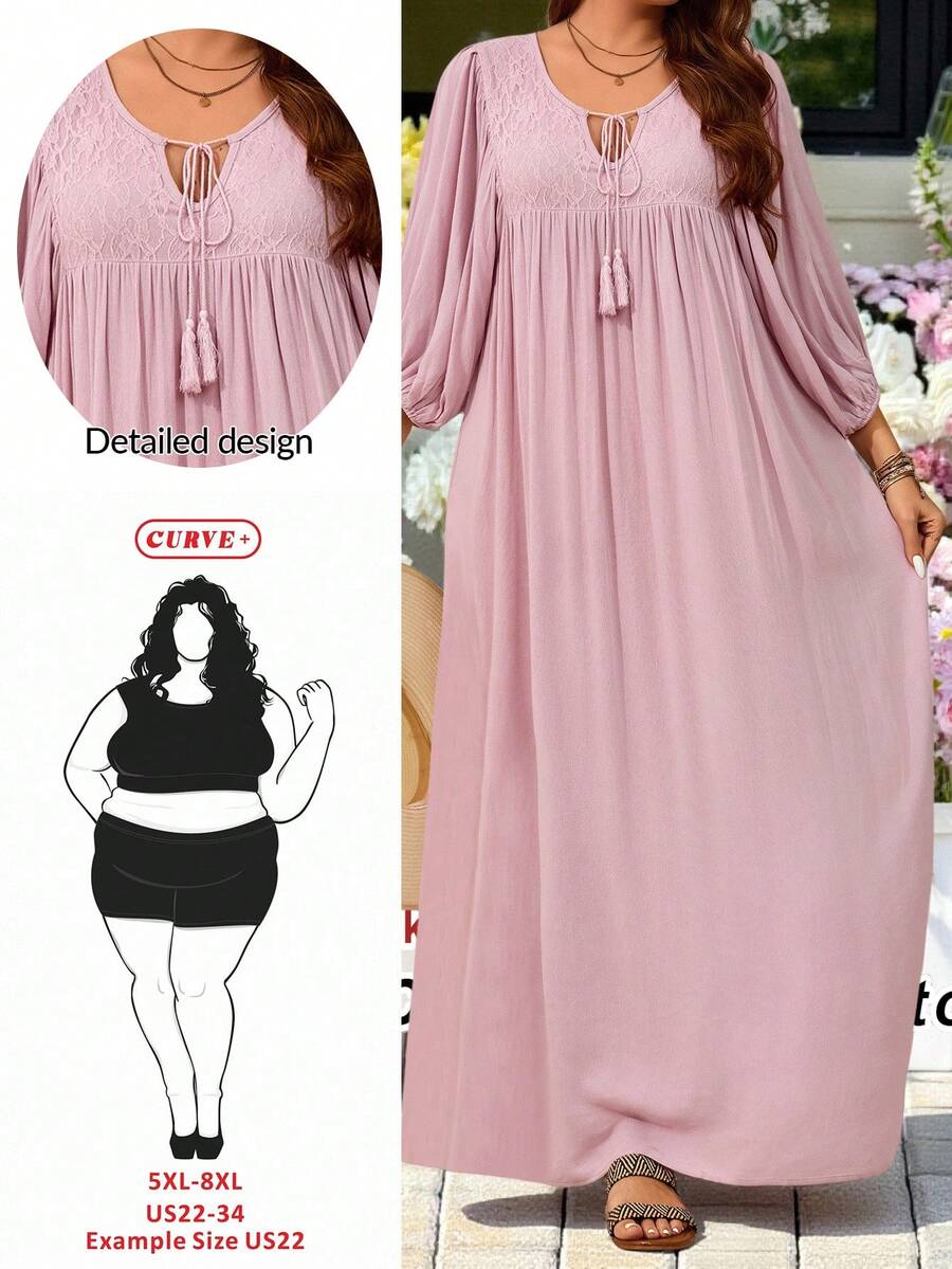 SHEIN CURVE+ Plus Size Solid Long Sleeve Casual Dress, Simple & Fashionable For Everyday Wear,Beach Dress Sundress,Holiday Outfits Boho - Pink - View 1