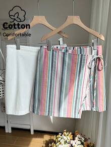 SHEIN EZwear 彩色条纹和纯色亚麻系带休闲宽松加大码短裙两件套，春夏女装棉质服装，条纹半身裙，沙滩裙 - 彩色 - 查看 4