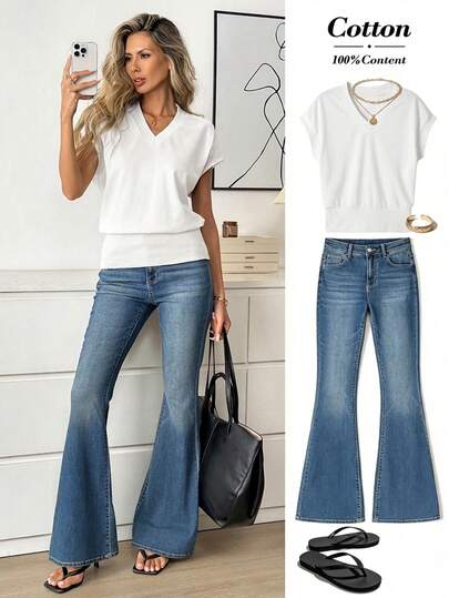 Easowa Women's Solid Color V-Neck Cap Sleeve Casual Versatile T-Shirt Casual Tops To Wear With Jeans Women Casual Outfits Women's Tops To Go With Jeans Women's Summer Outfits Women Spring Outfit,Summer Top