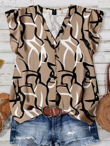 EMERY ROSE Casual Minimalist Vacation Bohemian Elegant Retro Abstract Striped Print Pattern, Beach Outfit, Vacation Outfit, Women's Summer Outfit, V-Neck Flutter Sleeve Women's Blouse - Multicolor - View 6