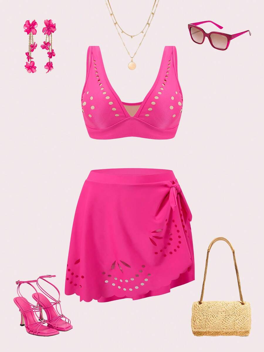 Swim Mod Conjunto de tankini de traje de baño de talla grande para mujer, diseño floral hueco, unicolor fucsia, escote en V profundo, para playa, verano 2026 - Rosa Fucsia - Ver 1
