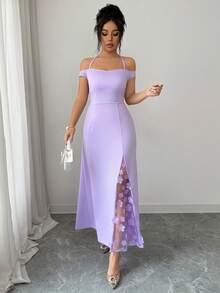 Elenzga Women's Elegant Off-Shoulder Dress, Fitted Silhouette With Lace Trim Side Panels And Thigh-High Slit, Suitable For Evening Parties, Dates, Light Social Events And Casual Outings - Purple - View 3