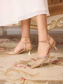 CUCCOO TILAWA Giày nữ, giày thời trang nữ mũi nhọn đính đá vàng lấp lánh, quai ngang mắt cá chân, phối lưới, thời trang dự tiệc, ăn tối, quyến rũ, gợi cảm, giày cao gót nữ, giày đế bằng - Vàng - Xem 4