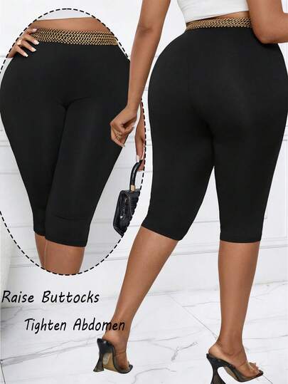 EMERY ROSE Colanți sport skinny pentru femei, mărimi mari, din tricot imprimat, cu talie strânsă, versatili pentru purtare zilnică, vacanță, acasă, lungime medie cu elasticitate, colanți scurți de motociclistă pentru primăvară/vară, mărime plus, pantaloni scurți capri pentru femei, mărime mare