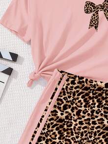Cream Pink Retro American Leopard Print Bow Striped Pattern Summer Outfit, Teen Girl Casual Loose Round Neck Short Sleeve T-Shirt And Shorts 2-Piece Set, Suitable For Spring/Summer, Outdoor Picnic, Outing, Street Style, Home, Campus - Multicolor - View 6