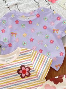SHEIN LMoss Kids 3件套女童可爱多巴胺彩色花卉系列，奶油白、多巴胺彩色条纹、紫色，女童休闲百搭圆领短袖基础款T恤，适合所有季节日常穿着、居家、度假、假日，舒适透气，春夏皆宜，时尚女童，休闲装，儿童花卉条纹图案服装，时尚夏季，冬季，新款，清爽女童服装套装 - 彩色 - 查看 3