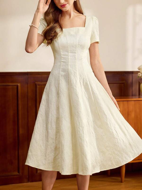 Vintamour Vintage Classic Elegant Women's Dress, Spring/Summer Fitted Jacquard Dress, Square Collar Short Sleeve Dress, Milky White Flared Dress