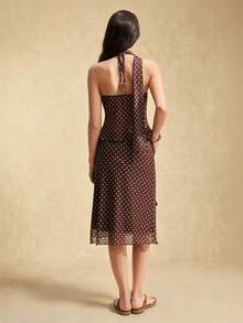 Easelle Women's Mesh Halter Neck Top And Skirt 2 Pieces Set Summer Outfits Wedding Going Out Vacation Polka Dot Brown - Brown - View 2