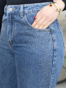 Melissa Matos 女士新款优雅水钻装饰蓝色直筒牛仔裤，适合情人节和妇女节穿着。 - 藍色 - 查看 6