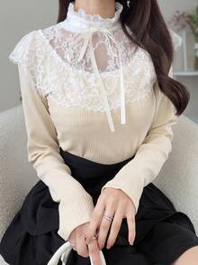 FRIFUL 女士蕾丝拼接撞色蝴蝶结罗纹修身长袖T恤 - 杏色 - 查看 1