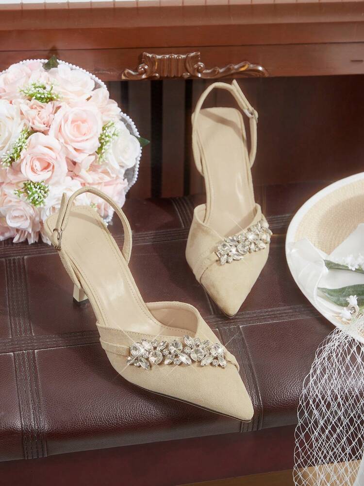 CUCCOO HITCHD Women's Elegant High-Heel Pumps, Pointed Toe With Rhinestone Chain, Khaki Suede, Suitable For Wedding Bride, Bridesmaid, Guest, Party