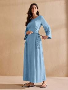 Graceveil Round Neck Solid Color Drawstring Tie Abaya Dress - Blue - View 7