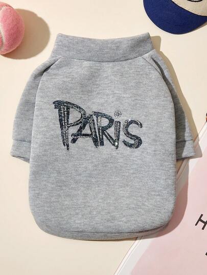 PETSIN 1件猫狗通用服装，时尚“巴黎”水钻宠物衣服，灰色小型犬柔软套头衫