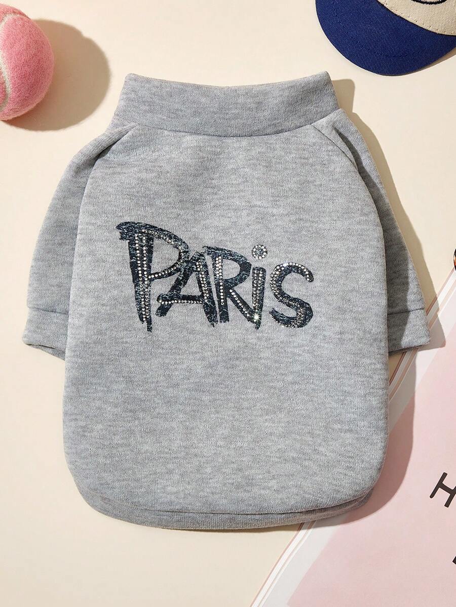 PETSIN 1pc Cat And Dog Universal Clothing, Fashionable "PARIS" Rhinestone Pet Clothes, Gray Small Dog Soft Pullover - Grey - View 1