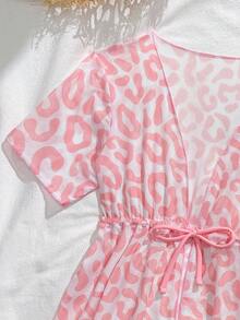 SHEIN 1件可爱粉色豹纹针织泳衣套装，含罩衫，两件套，时尚休闲优雅，适合游泳、度假、夏季穿着。 - 粉色 - 查看 4