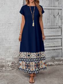 EMERY ROSE Đầm hè nữ kiểu dáng retro phối họa tiết. - Màu xanh hải quân - Xem 4