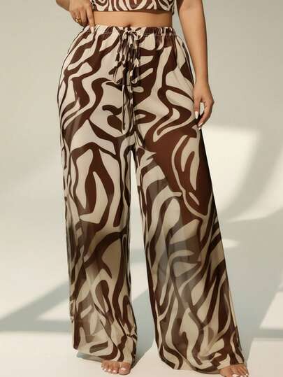 Auralis Conjunto de Capa e Calça Transparente com Estampa Completa, Casual de Verão para Férias e Praia, Plus Size