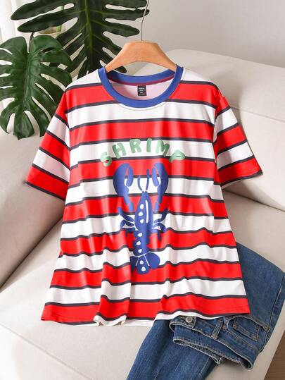 CosyJoli Casual T-shirt voor dames in grote maten, T-shirt met oceaanprint, nautische top, casual kleding voor dames met kreeftprint