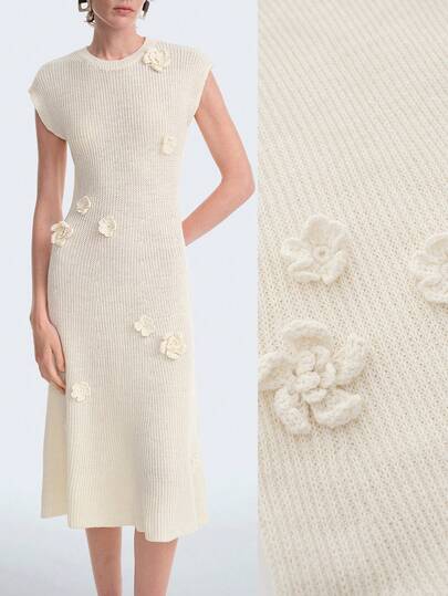 Aalyst Dam vår/sommar ny rund halsringning figurnära medellång 3D-virkad blommig kortärmad stickad pulloverklänning, elegant fransk stil