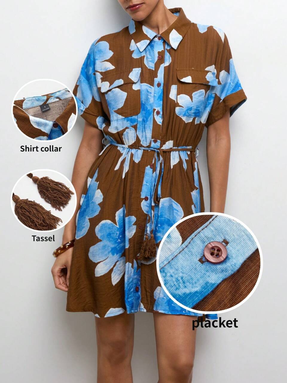 SHEIN Maija Women's Casual Boho Brown And Blue All-Over Print Drawstring Short Dress,Summer Holiday Vacation Outfits Beach Easter Party Graduation Dress