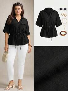 Zelara Plus Size Women Drawstring Waist Short Sleeve Utility Pocket Loose Shirt - Black - View 8