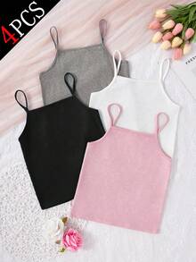 4pcs Girls Basic Solid Color Camisole Underwear Set - Multicolor - View 3