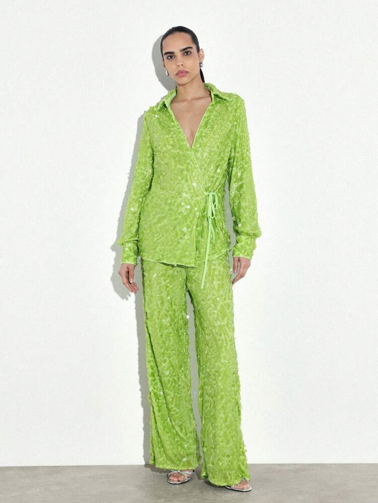 KSTM Women's High Rise Sequined Wide Leg Party Pants With Elastic Waist And Sparkly Embellishment For Evening Events