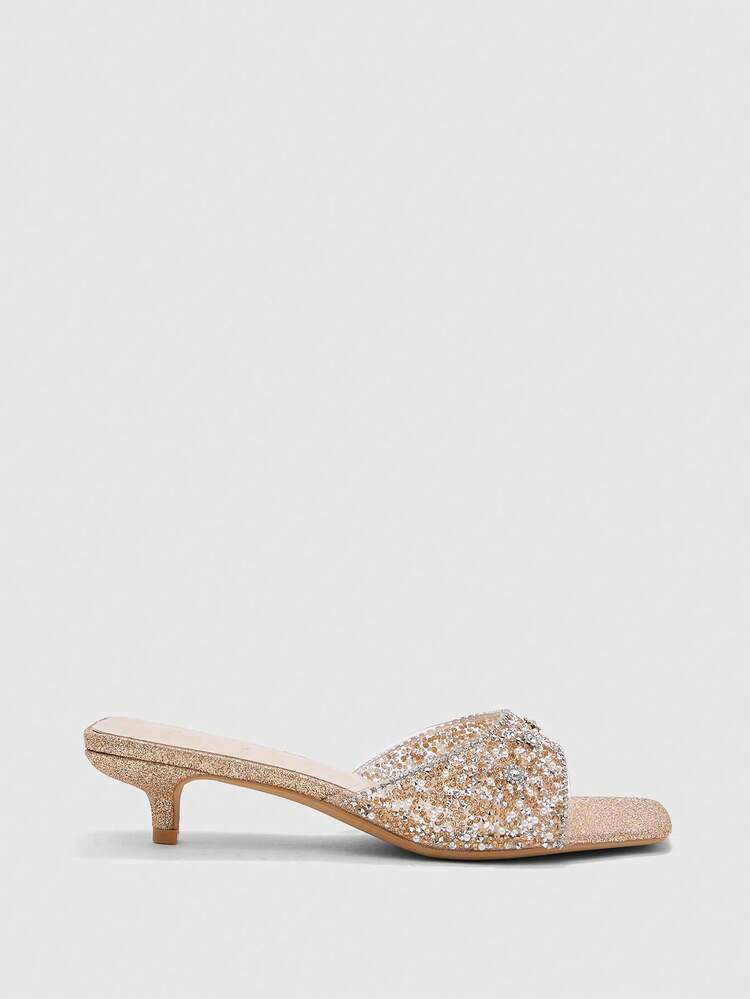 CUCCOO TILAWA Champagne Color Square Toe Transparent Rhinestone Embellished Mid-Heel Slip-On Sandals, Fashionable And Elegant For Dresses