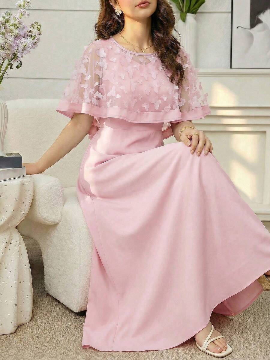 SHEIN Đầm lưới thanh lịch dành cho thiếu nữ, đính họa tiết bướm. - Hồng - Xem 1