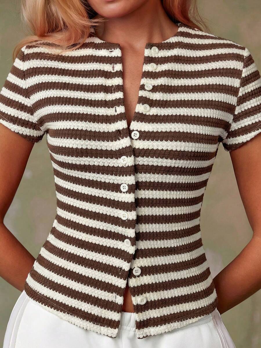 Athîral Women's Striped Short Sleeve Single-Breasted Casual Top - Multicolor - View 1