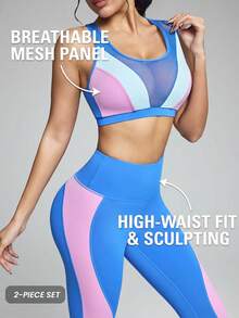 Innovista Bộ đồ đạp xe nữ gồm áo tank top hở lưng phối lưới tương phản màu sắc và quần legging cạp cao. - Màu xanh lam - Xem 3