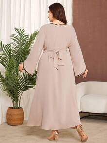 Al Najma Plus Size Women's Elegant Embroidered Patchwork Long Loose Dress, Suitable For Spring And Autumn - Apricot - View 2