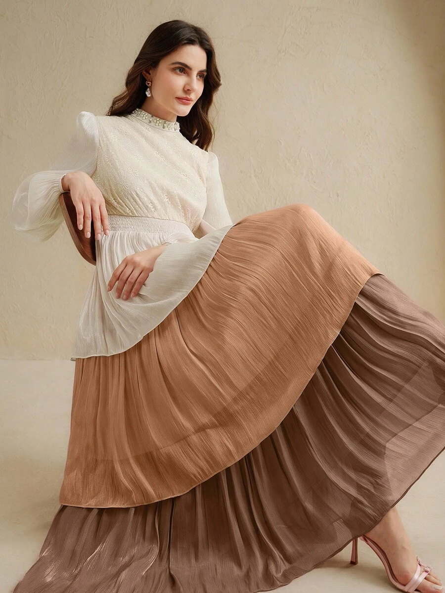 Anewsta Women's Contrast Color Faux Pearl Decor Stand Collar Long Sleeve Ruffle Hem Elegant Mid-Length Dress - Brown - View 1