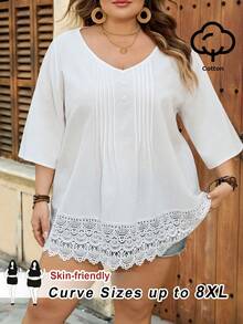 SHEIN CURVE+ Curve 尺码 US22 音乐节、海滨度假、波西米亚风女士夏季休闲/度假/工作 V 领撞色蕾丝褶皱下摆衬衫 - 白色 - 查看 12