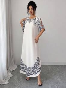 SHEIN Elenzya 女士休闲优雅V领蝙蝠袖宽松下摆开衩印花白色连衣裙，无弹力，春夏款 - 杏色 - 查看 4