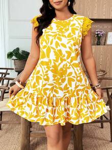 Weeklong Gaun Pendek Model Smock Boho Ukuran Besar dengan Motif Acak, Leher Bulat, Lengan Pendek, Hem Bergelombang, Kain Tenun, Aneka Warna untuk Pakaian Musim Panas - MultiWarna - View 6