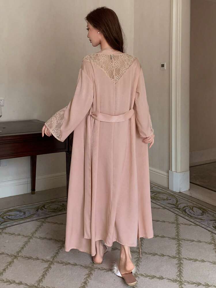 Elegant Lace Patchwork Satin Robe & Slip Dress Sleepwear Set For Women