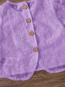 Emery Rose Kids Emery Rose Kids 女嬰休閒簡約舒適圓領泡泡袖鏤空刺繡上衣，適合日常穿著與返校季，女嬰 - 紫色 - 查看 5