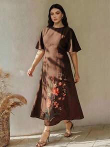 Anewsta 大尺碼女款優雅1920年代刺繡咖啡棕長洋裝，圓領短袖，適合秋季早午餐派對晚宴 - 咖啡棕 - 查看 7