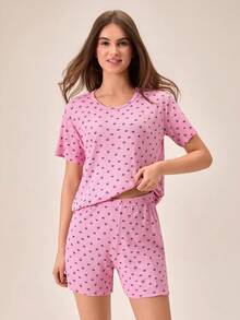 Loomlin Bộ đồ ngủ nữ 2 món bằng cotton, dệt kim gân, màu hồng phối tương phản, họa tiết trái tim, cổ tròn, tay ngắn, áo và quần short, thoải mái, mặc nhà. - Hồng - Xem 5