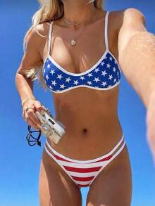 Swim Vcay 2026 New Women's Summer Beach Vacation American Flag Independence Day Print Backless Spaghetti Strap Minimalist Sexy High Cut Swimwear Set - Multicolor - View 2