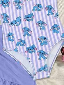 SHEIN Sparklyn Traje de baño de una pieza con volantes, estampado floral y tirantes para niña preadolescente, elegante y a la moda al estilo europeo y americano, adecuado para nadar, vacaciones y playa en verano - Morado - Ver 4